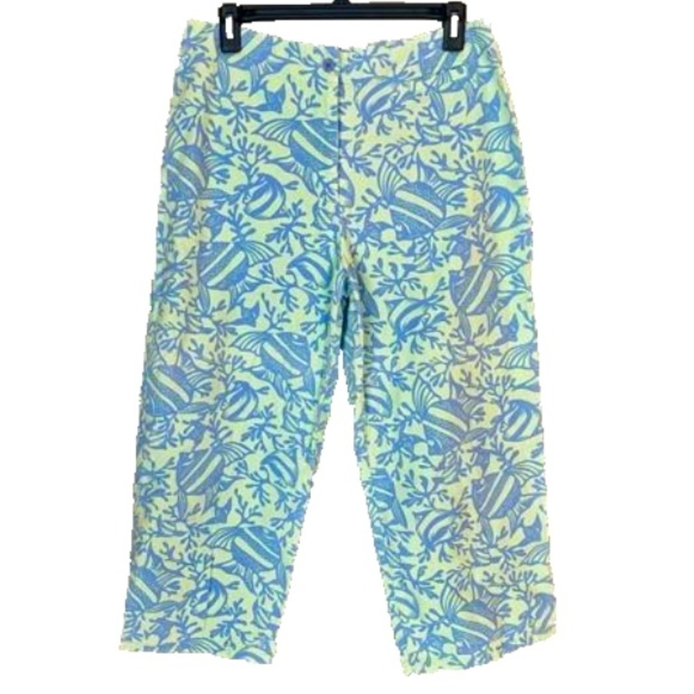 TALBOTS Vintage Crop Pants Tropical Fish Coral Print Blue Green Women Size 12